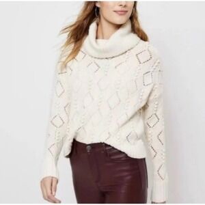 Loft Cowl Neck Sweater Womens Medium Ivory Wool Blend Diamond Pointelle 533185